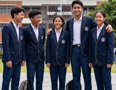 Model mengenakan custom jas almamater kampus berkualitas produksi konveksi Bandung